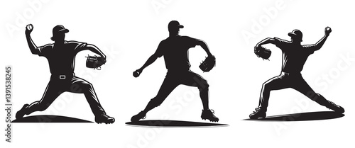 Set of Baseball Player throwing ball Silhouettes Vector Illustrations isolated on a white background