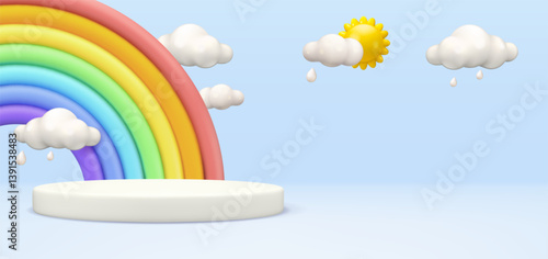 Podium with rainbow, sun and clouds vector 3d banner template. Cartoon toy pastel display, cute kid product presentation mockup. Blue backdrop in pastel colors