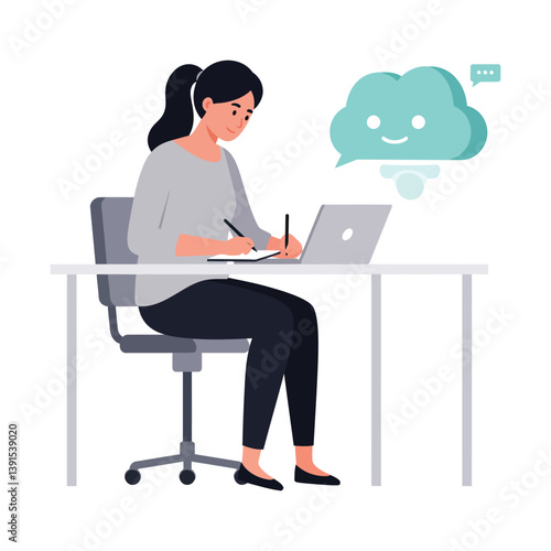 Woman multitasking at desk with laptop notebook and positive cloud