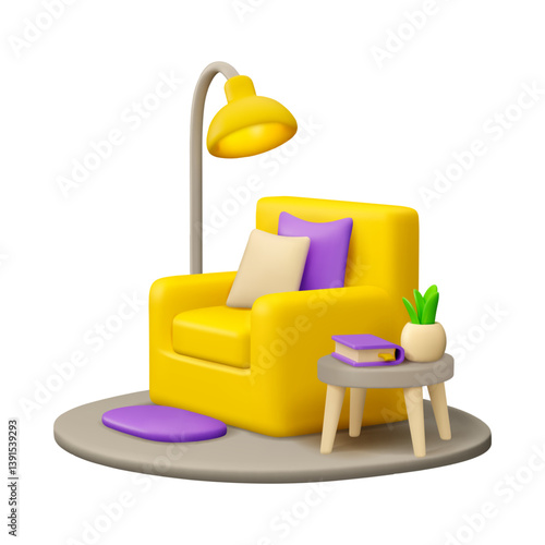 Room interior with armchair vector 3d design. Cozy sofa with carpet, floor lamp, cushions, coffee table, book and house plant in pot. Cartoon isolated illustration, cute minimal furniture concept