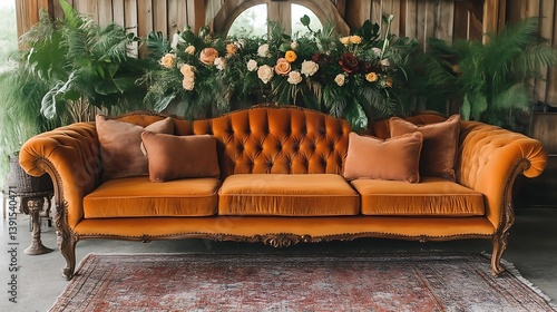 Orange velvet sofa with floral backdrop.