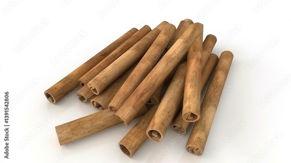 Delicious and fragrant cinnamon sticks that are neatly isolated on a clean white background, showcasing the unique texture and shape of these spice items. A visually appealing display created with the