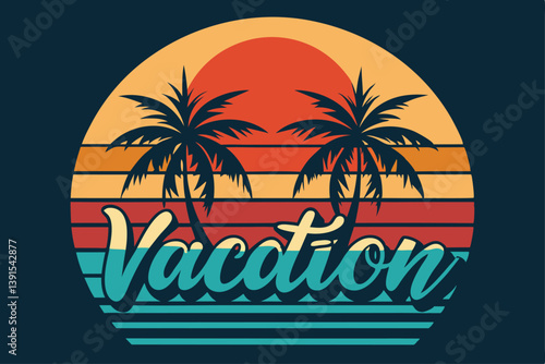 Wallpaper Mural Retro Sunset Palm Tree Silhouette with Calligraphic Vacation Script and Stripes Torontodigital.ca