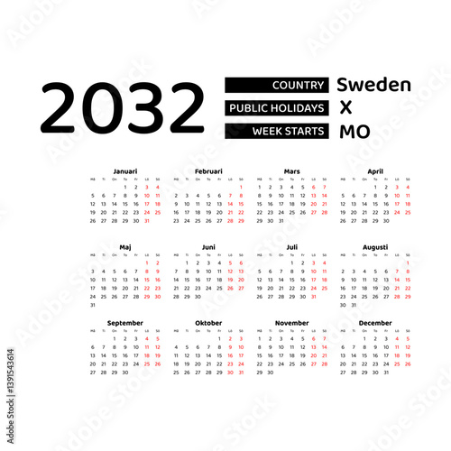 Calendar 2032 Swedish language with Sweden public holidays. Week starts from Monday. Graphic design vector illustration.