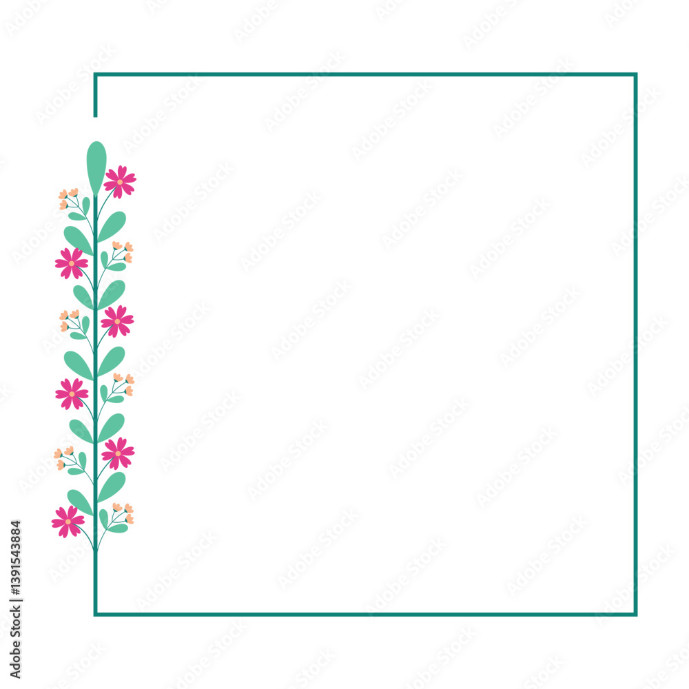 Obraz premium Square Wreath Border Frame With Green And Pink Yellow Floral Decoration