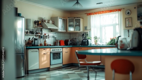 transform your space with a retro-style kitchen poster: appliances, checkerboard flooring & bold colors for a nostalgic yet modern vibe!