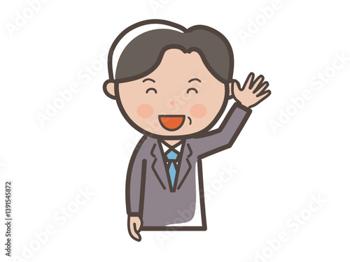 笑顔で手を振る中年の男性ビジネスマンの上半身イラスト