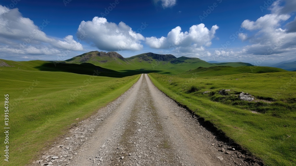 Scenic dirt road through lush green hills under a vibrant blue sky Scenic dirt road through lush green hills under a vibrant blue sky