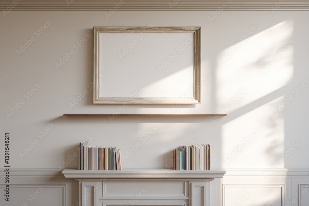 Fototapeta premium An empty picture frame above a fireplace with books below