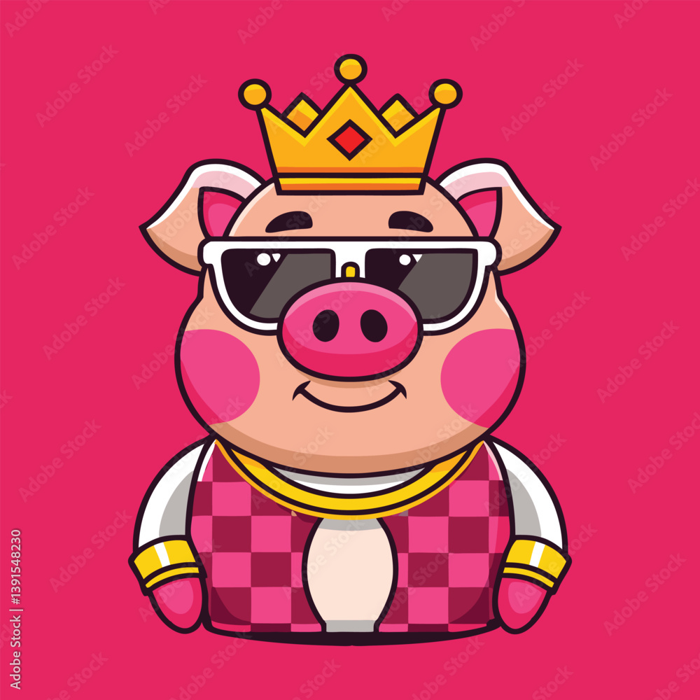 Obraz premium Cool Pig Wearing Crown And Shades Cartoon Vector Illustration Design