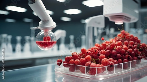 Red-pink hybrid berries grown in laboratory – concept of GMO fruits, genetically modified crops, innovative biotech farming, and scientific agriculture