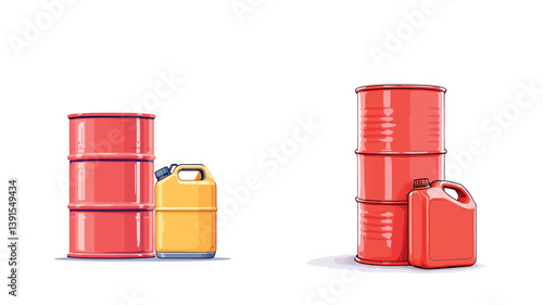 Vsai red and yellow jerrycans and oil barrels representing petroleum products