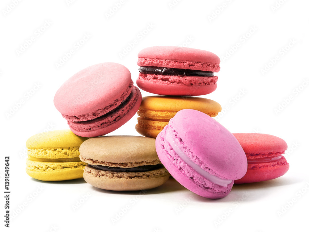 Pile of macaron cookies in various flavours and colours isolated on white background. Pile of macaron cookies in various flavours and colours isolated on white background.