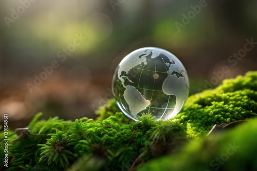  Glass Globe with World Map on Green Moss, Nature and Environment Concept