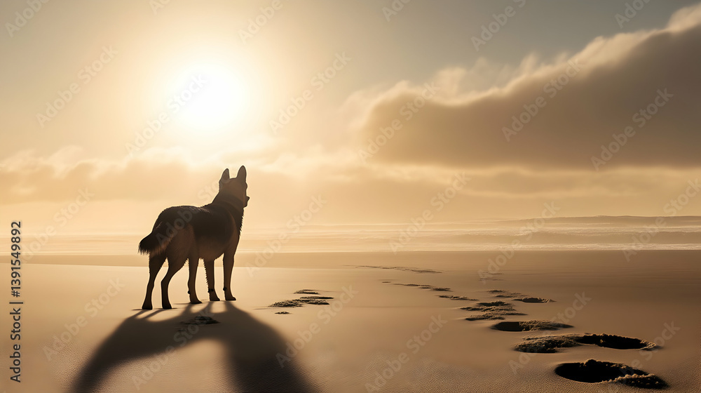 Fototapeta premium Dog Standing on Beach Watching Sunset with Footprints on the Sand