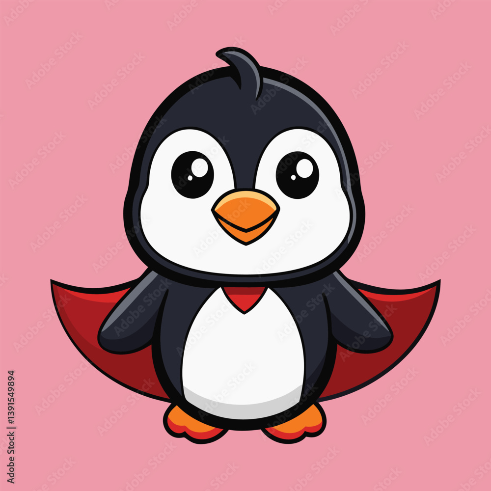 Obraz premium Cute Cartoon Penguin Superhero Character In Red Cape Vector Illustration