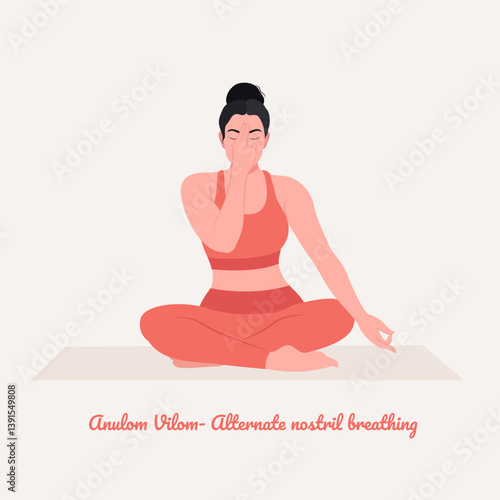 Anulom Vilom- Alternate nostril breathing pose. Young woman practicing Yoga pose. Woman workout fitness, aerobic and exercise