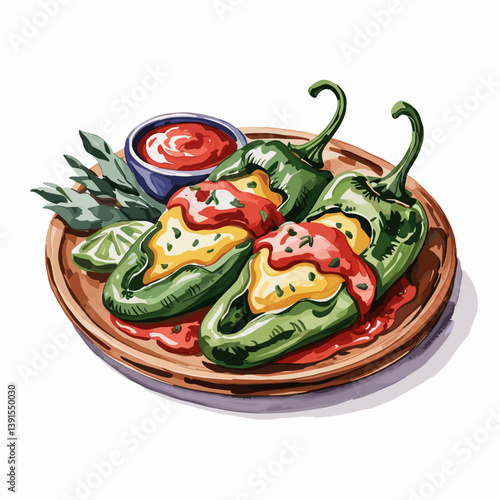 Watercolor Chile Rellenos with Cheese and Cilantro