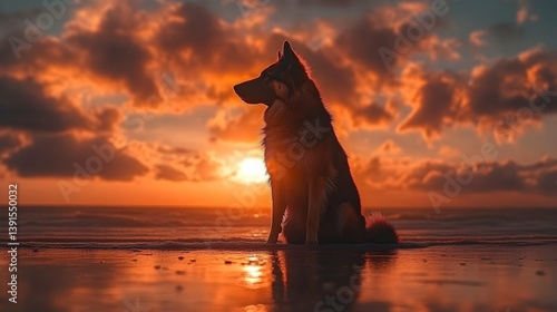 Dog Sitting Silhouetted on Beach Watching Dramatic Sunset with Clouds