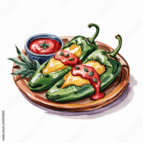Watercolor Chile Rellenos with Cheese and Cilantro