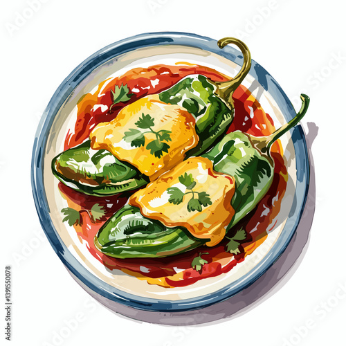 Watercolor Chile Rellenos with Cheese and Cilantro