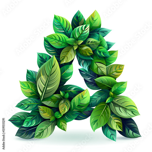 letter A made of green leaves and vines, eco style logo, isolated on white background, natural texture