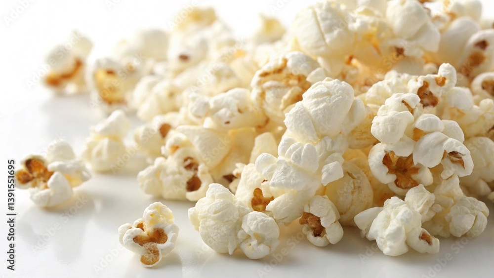Crispy Popcorn Pieces Isolated on White Background, Snack Texture Macro Photography Crispy Popcorn Pieces Isolated on White Background, Snack Texture Macro Photography