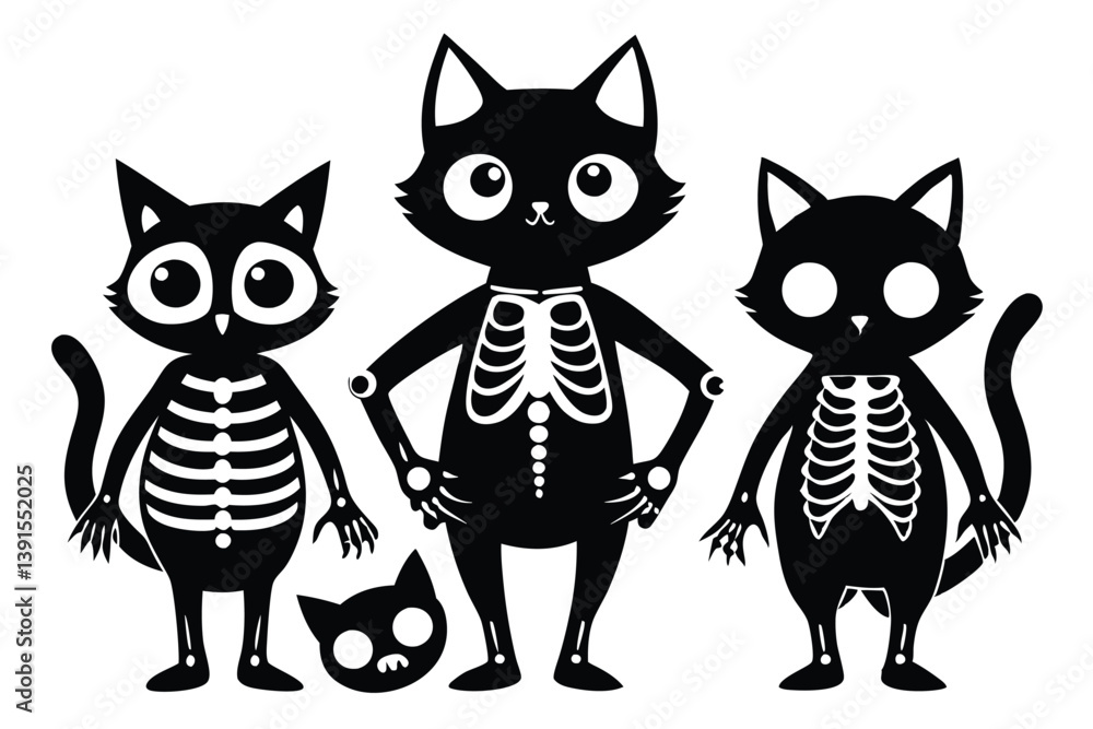 Obraz premium Spooky Felines Silhouetted Black Cats Displaying Skeleton Bodies Isolated on White