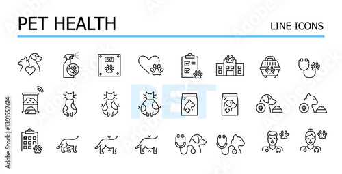 Pet health. Veterinary services. Vector icons set