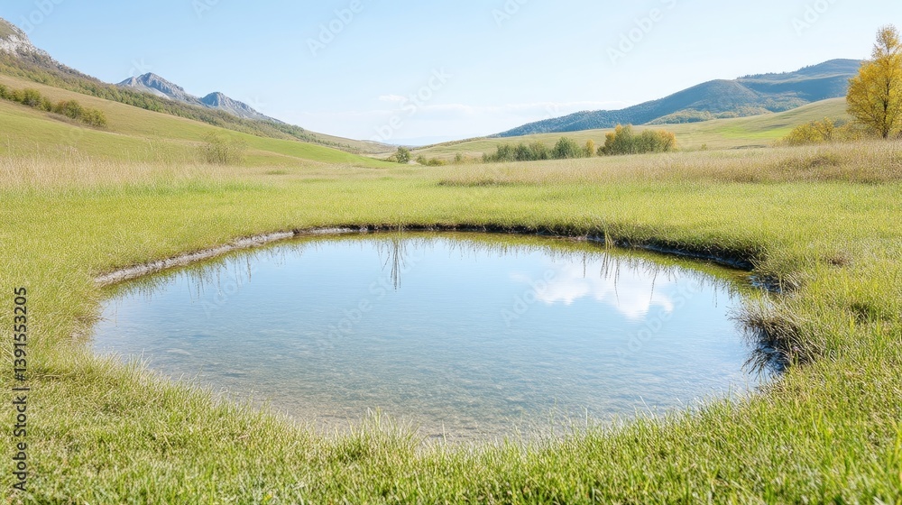 Tranquil mountain meadow pond. A serene, natural scene of a small, clear pond nestled within a grassy valley surrounded by rolling hills. Tranquil mountain meadow pond. A serene, natural scene of a small, clear pond nestled within a grassy valley surrounded by rolling hills.