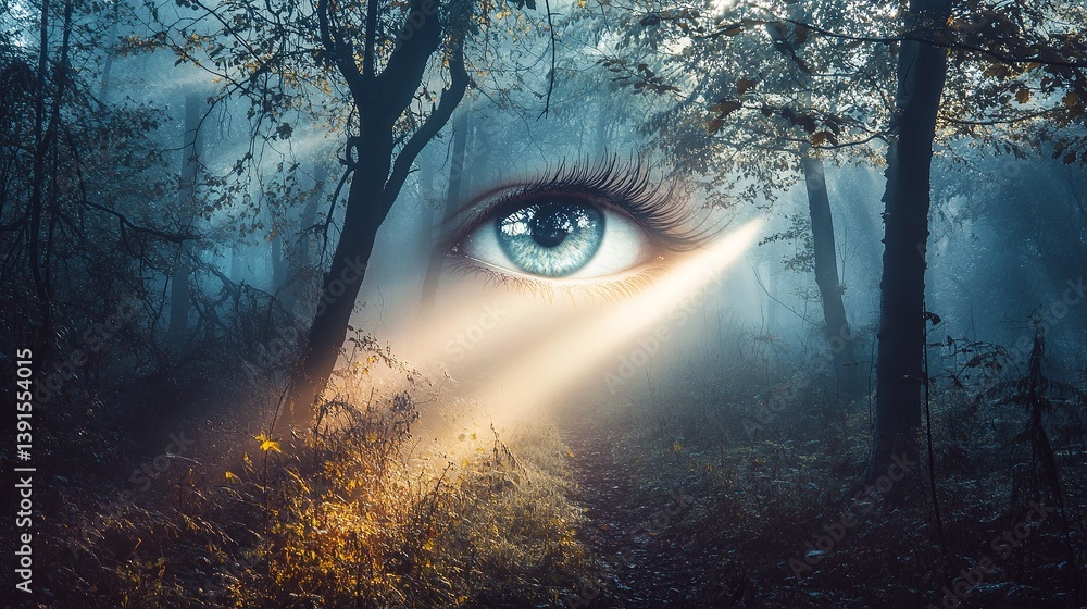A mystical forest with a giant eye watching over the trees. Light breaks through the fog adding an ethereal touch to the scene. Nature and mystery converge here. Generative AI