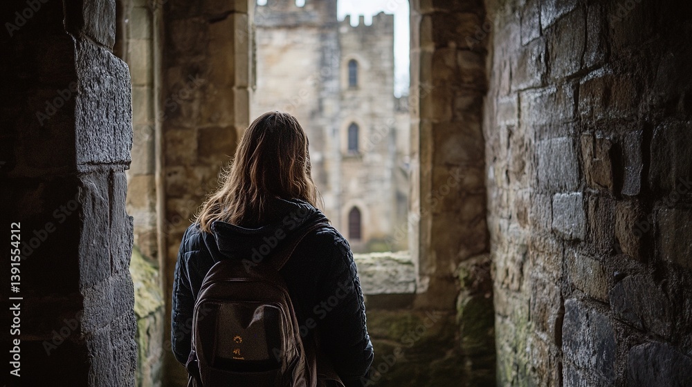 A person gazing out from an ancient stone corridor into a majestic castle view. The blend of history and nature captivates the imagination. Generative AI