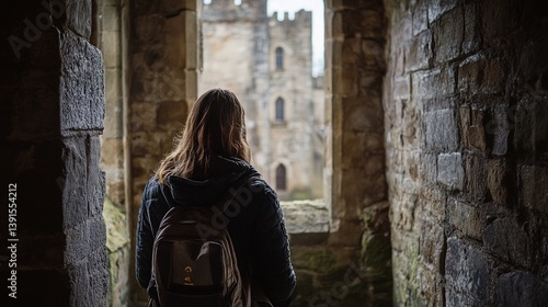 Obraz na płótnie A person gazing out from an ancient stone corridor into a majestic castle view. The blend of history and nature captivates the imagination. Generative AI w salonie