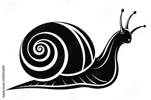 Isolated Snail, Shell with Spiral Pattern, Black Color, Antennae on White Background