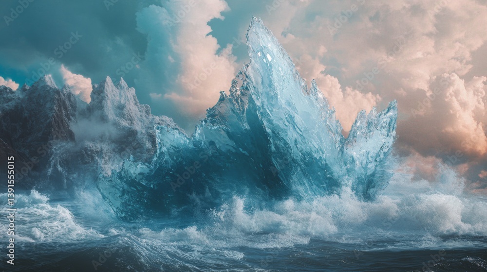 A breathtaking depiction of natural forces at play. The icy waves crash dramatically against the shore. An awe-inspiring moment captured in time. Generative AI