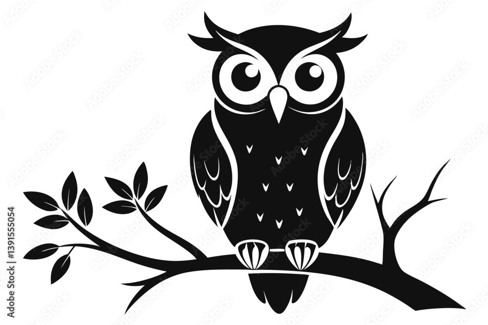 Fototapeta premium Stylized Black Owl Silhouette with Detailed Feathers Perched on a Branch with Leaves