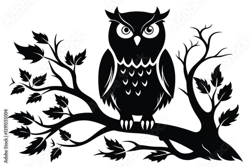 Silhouette Owl Perched on Branch with Leaves, Minimalist Black and White Design