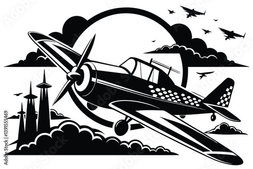 Stylized Monotone Airplane Flying, Towers and Clouds Silhouette, Aviationthemed Decor