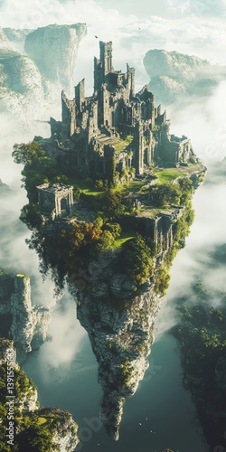 Enchanted floating island castle ruins amidst misty mountains. Fantasy landscape, epic adventure scene. Digital art.