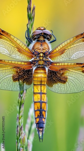 Obraz na płótnie Stunning close-up of a vibrant dragonfly resting on a blade of grass. The intricate patterns and colors of its wings are beautifully detailed. Generative AI w salonie