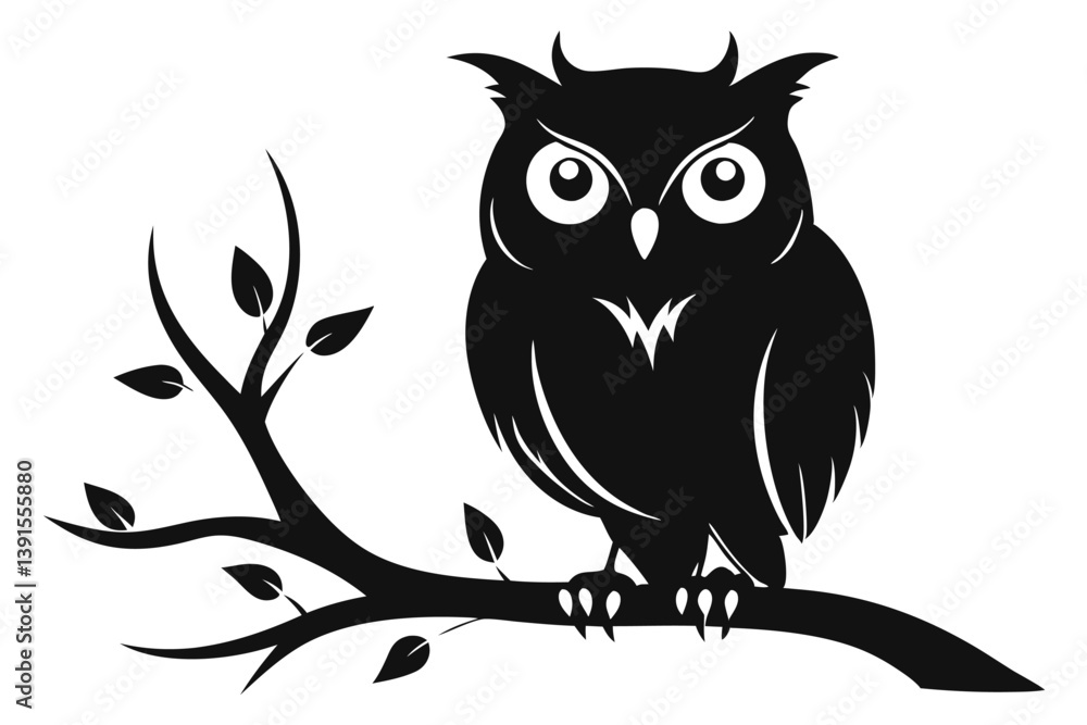 Obraz premium Black Silhouette Owl with Sharp Talons Perched on Leafy Branch Isolated