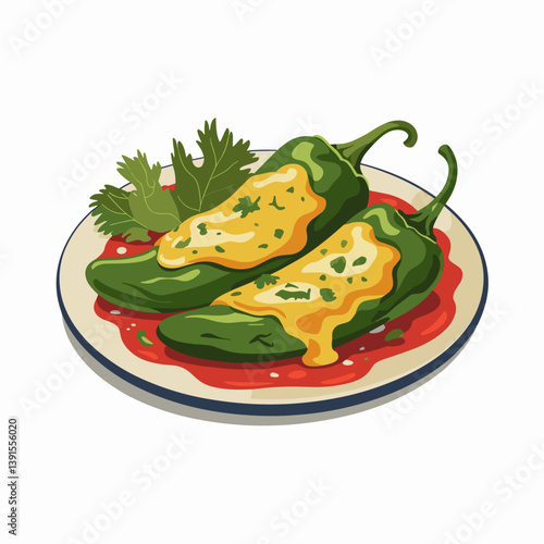 Chile Rellenos with Cheese and Red Sauce Illustration