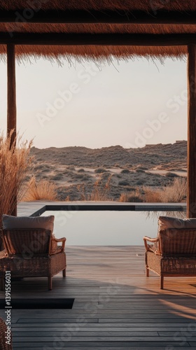 Obraz na płótnie A serene retreat with a view of a tranquil pool. Relaxation awaits in this peaceful setting. Perfect for a getaway, it embodies tranquility and beauty. Generative AI w salonie