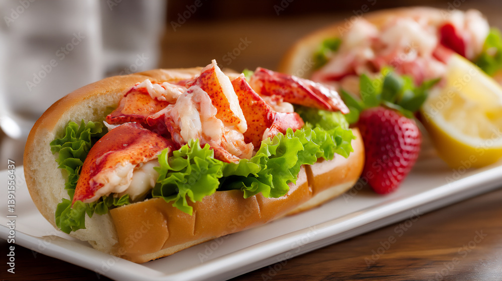 fresh lobster roll, p: a close-up of a new england-style lobster roll, fresh lobster roll, p: a close-up of a new england-style lobster roll,