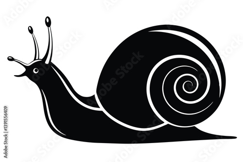 Simple Black Snail Mollusk with Antennae, Spiral Shell, & Smooth Body
