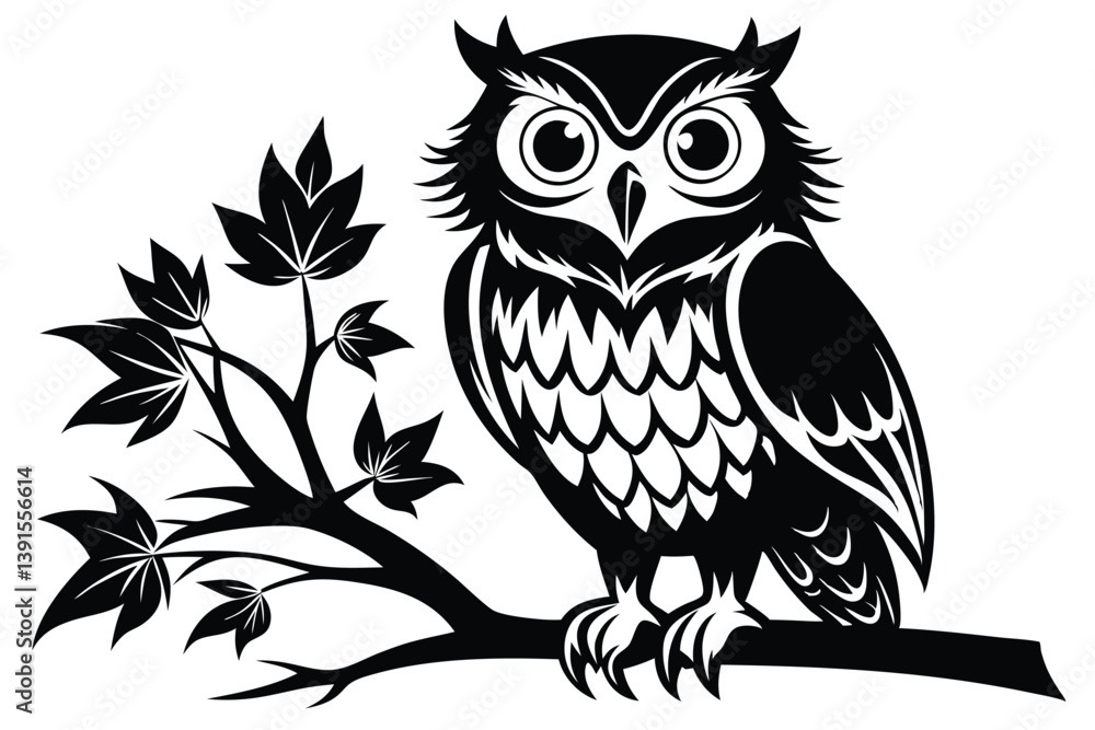 Fototapeta premium Stylized Owl Silhouette on Branch with Leaves, Detailed Plumage in Black and White