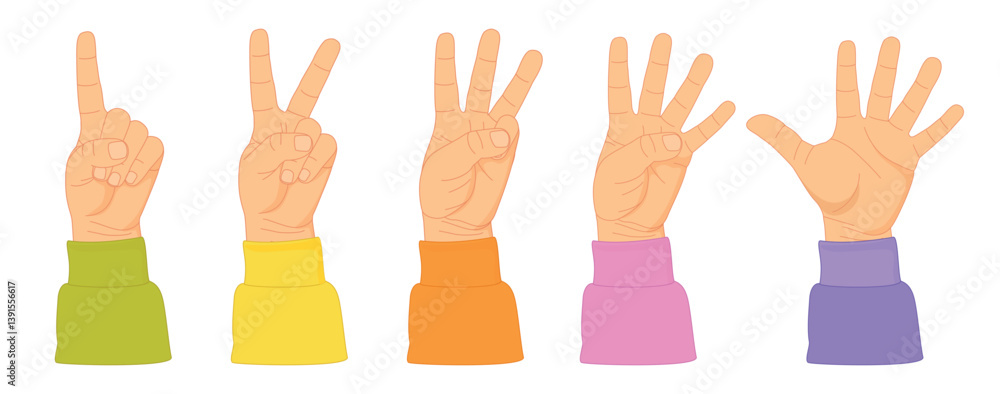 Counting with fingers. Hand gesturing, arm showing one, two, three, four and five numbers, digits. Countdown, score, elementary math learning. Counting with fingers. Hand gesturing, arm showing one, two, three, four and five numbers, digits. Countdown, score, elementary math learning.