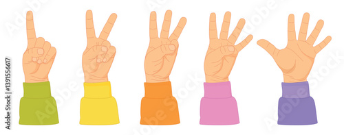 Counting with fingers. Hand gesturing, arm showing one, two, three, four and five numbers, digits. Countdown, score, elementary math learning.