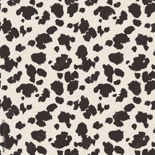 Seamless animal pattern. Cowhide texture with black spots on white. Mammal fur print. Leather design. Vector illustration