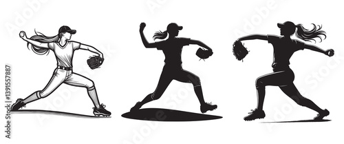 Set of Female Baseball Player throwing ball Silhouettes Vector Illustrations isolated on a white background